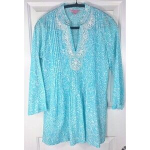 Women's‎ Lilly Pulitzer Sarasota Tunic Aqua White Beaded Embroidered Size XS